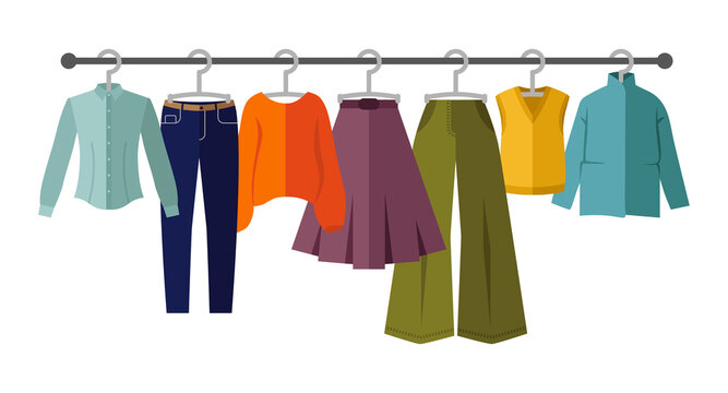 Flat vector illustration, set of clothes on a hanger. Clothing store, autumn and winter wardrobe. Shopping, store concept. Seasonal sale of clothes. Clothes collection icons set.
