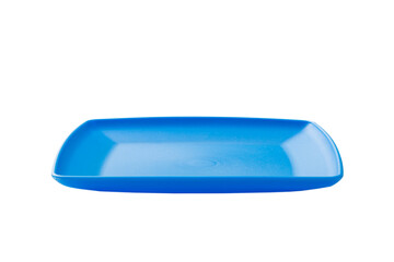 Blue plastic square plate isolated over white background. perspective view