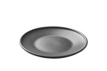 Grey ceramic round plate isolated over white background. perspective view