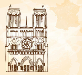 Drawing of Notre Dame de Paris, France on grunge beige background
