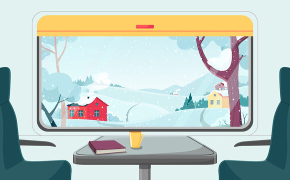 An empty train carriage with a winter village landscape outside the window. Vector illustration in cartoon style. Snowfall, village houses, forest and mountains. 
Traveling by train in winter.