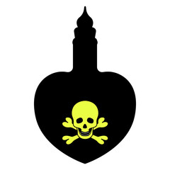 Poison bottle. Silhouette. Heart shaped vessel. Yellow emblem on a bottle of skull and bones. The bottle is closed with a stopper. Vector illustration. A miraculous drink. Witch potion in a flask. 