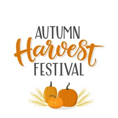 Autumn lettering Harvest Season with pumpkin drawing. Modern brush calligraphy. Handwritten vector illustration isolated on white background for cards, posters, banners, logo, tags.