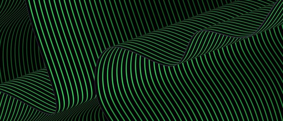 Abstract geometric wavy folds with stripes of green and black colors. 3d rendering.