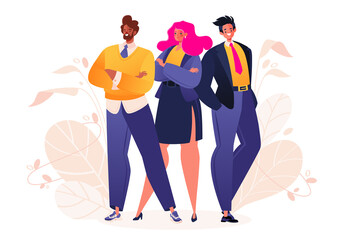 Vector illustration on the topic of business, teamwork, recruitment. Smiling young men in suits standing together. Flat cartoon style succesfull team illustration