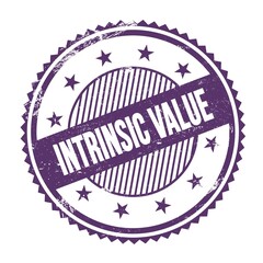 INTRINSIC VALUE text written on purple indigo grungy round stamp.