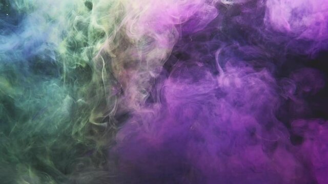 Color vapor background. Intro layer. Magic fume. Neon rainbow purple yellow green blue mist cloud flow animation dark dust abstract overlay effect for logo title.