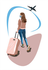 A girl in a mask on her face and with a suitcase on wheels travels by plane. 