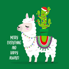 Merry everything and happy always - funny Llama on the back of the gifts. Llama doodle draw. Adorable poster for Xmas party, good for t shirts gift, mug or print design. Winter Pajama decoration.