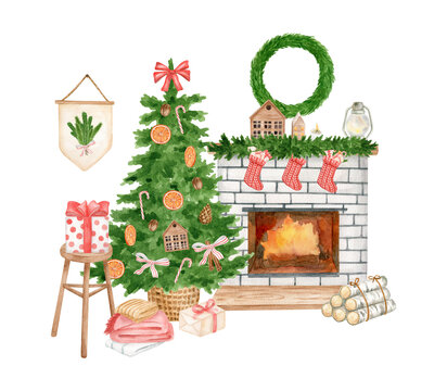 Watercolor Christmas scene illustration. Hand drawn burning fireplace with hanging stockings, decorated Christmas tree, giftboxes and winter decor isolated on white background. Cozy home celebration