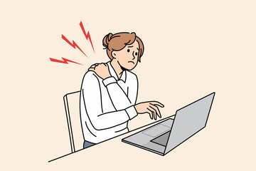 Unwell businesswoman sit at desk work on laptop suffer from neck pain overwhelmed with sedentary lifestyle. Unhealthy woman struggle with backache. Overwork. Flat vector illustration. 
