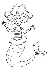 Mermaid Pirate Cartoon Style Coloring, Bright Hand-Drawn Sketch, Colorful vector illustration