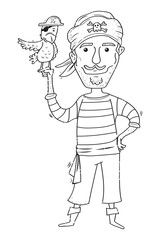Funny Pirate with Parrot. Vector Cartoon Coloring illustration