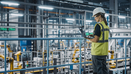 Fototapeta premium Female Car Factory Engineer in High Visibility Vest Using Laptop Computer. Automotive Industrial Manufacturing Facility Working on Vehicle Production with Robotic Arms. Automated Assembly Plant.
