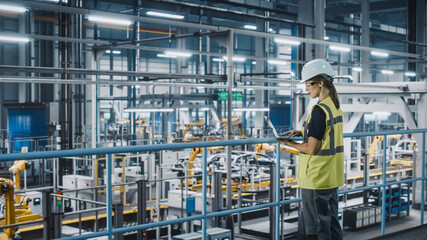 Female Car Factory Engineer in High Visibility Vest Using Laptop Computer. Automotive Industrial Manufacturing Facility Working on Vehicle Production with Robotic Arms. Automated Assembly Plant.