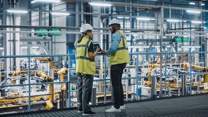 Fototapeta premium Male Specialist and Female Car Factory Engineer in High Visibility Vests Using Laptop Computer. Automotive Industrial Manufacturing Facility Working on Vehicle Production. Diversity on Assembly Plant.
