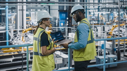 Male Specialist and Female Car Factory Engineer in High Visibility Vests Using Laptop Computer....