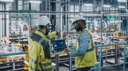 Two Car Factory Specialists in High Visibility Vests Using Laptop Computer. Engineers Discussing Automotive Industrial Manufacturing Facility Process of Vehicle Production. Automated Assembly Plant.