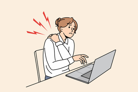 Unwell businesswoman sit at desk work on laptop suffer from neck pain overwhelmed with sedentary lifestyle. Unhealthy woman struggle with backache. Overwork. Flat vector illustration. 