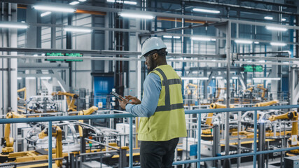 African American Car Factory Engineer in High Visibility Vest Using Tablet Computer. Automotive Industrial Manufacturing Facility Working on Vehicle Production on Automated Technology Assembly Plant.