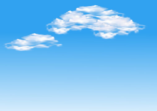 Vector image with the white clouds and the blue sky at the horizont. View of the nature.