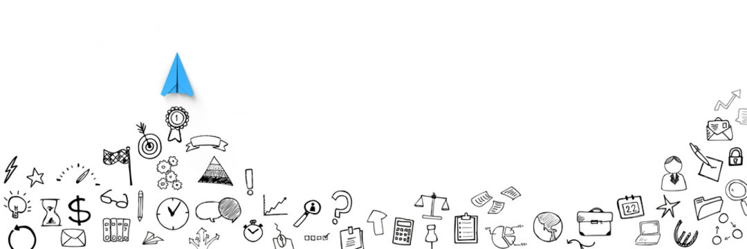 Panorama mit blauem Papierflieger mit Business Icons
