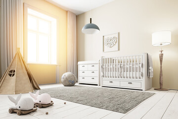 Kinderzimmer mit Babymöbel und Spielzeug im Altbau - obrazy, fototapety, plakaty