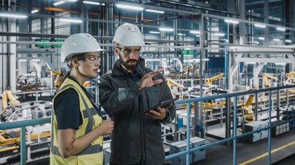 Fototapeta premium Male Specialist and Female Car Factory Engineer in High Visibility Vests Using Tablet Computer. Automotive Industrial Manufacturing Facility Working on Vehicle Production. Diversity on Assembly Plant.