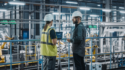 Male Specialist and Female Car Factory Engineer in High Visibility Vests Using Laptop Computer. Automotive Industrial Manufacturing Facility Working on Vehicle Production. Diversity on Assembly Plant.