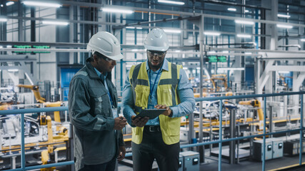 Multiethnic Manager and African American Car Factory Engineer in Uniform Using Tablet Computer. Automotive Industry 4.0 Manufacture Employees Discuss Work on Vehicle Assembly Plant.