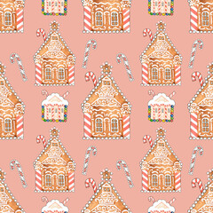 Seamless pattern of gingerbread houses, sweets and Christmas lollipops