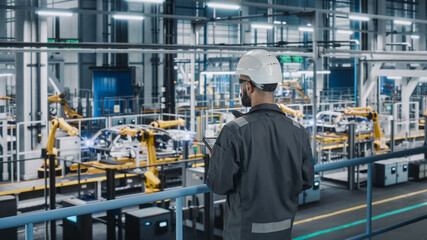 Car Factory Engineer in Work Uniform Using Tablet Computer. Automotive Industrial Manufacturing Facility Working on Vehicle Production with Robotic Arms Technology. Automated Assembly Plant.