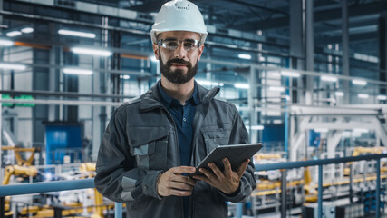 Fototapeta na wymiar Portrait of Automotive Industry Engineer in Safety Glasses and Uniform Using Laptop at Car Factory Facility. Professional Assembly Plant Specialist Working on Manufacturing Modern Electric Vehicles.