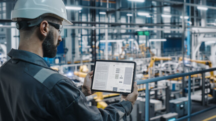Car Factory Engineer in Work Uniform Using Tablet Computer with Electrical Blueprints and Schemes. Male Specialist in Automotive Industrial Manufacturing Facility Working on Automobile Production.