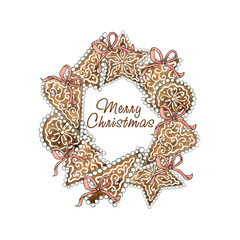 A postcards with Christmas wreath in the form of gingerbread