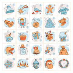 Naklejka premium Advent calendar. Cute Christmas pictures. Hand drawing style.