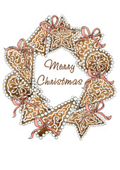 A postcards with Christmas wreath in the form of gingerbread