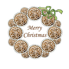 A postcards with Christmas wreath in the form of gingerbread