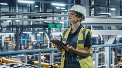 Female Car Factory Engineer in High Visibility Vest Using Tablet Computer. Automotive Industrial Manufacturing Facility Working on Vehicle Production with Robotic Technology. Automated Assembly Plant.