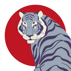 White tiger on red circle isolated on white background. Vector tiger side view.