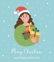 Happy girl holding many gift boxes. Falling snow background. Merry Christmas and happy New Year card. Vector illustration of Christmas people in flat style.