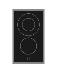 View from above of a two ring electric hob. Glass ceramic induction cooker. Black stove with metallic border isolated on white.