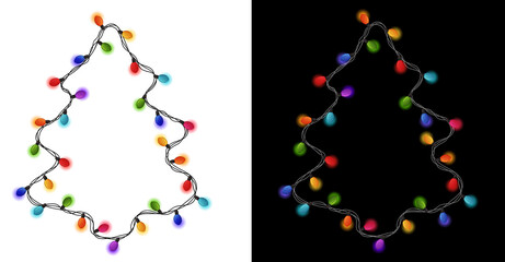 Christmas lights frame. Glowing lights banner christmas tree shape. Colorful christmas garlands frame. Red, yellow, green, plum, blue Christmas lights. Happy new year decor string lights. Cartoon ligh