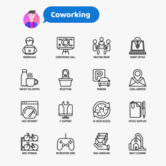 Coworking office thin line icons set: workplace, meeting room, conference hall, smart office, parking, reception, 24 hour access, IT support, bike storage, recreation zone. Vector illustration.