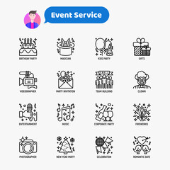 Event services thin line icons set: kids party, gifts, birthday, magician, clown, videographer, party invitation, corporate, fireworks, music, celebration, romatic date. Modern vector illustration.