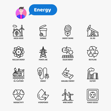 Energy thin line icon: factory, oil platform, hydropower, wind energy, power socket, radioactivity, garbage, oil rig, green house, solar energe, recycling, nuclear energy. Modern vector illustration