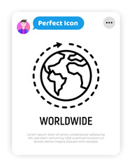Worldwide shipping thin line icon, globe with arrow. Modern vector illustration for delivery service or logistic company.