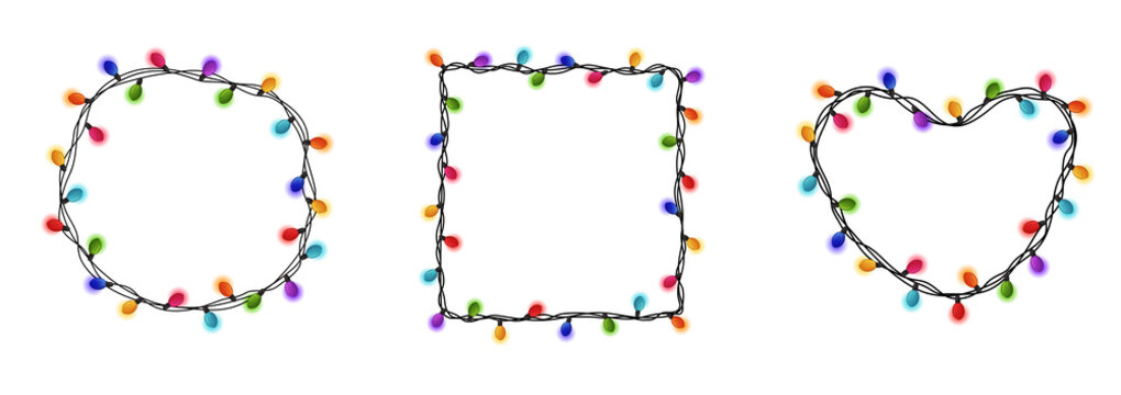 Christmas lights frame. Glowing lights banner different shape. Colorful christmas garlands frame. Red, yellow, green, plum, blue Christmas lights. Happy new year decor string lights. Cartoon lights.