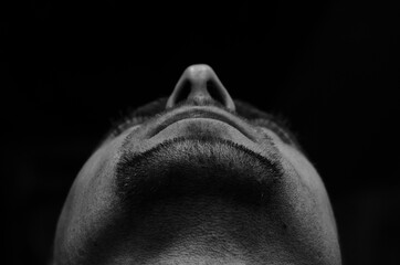 Close up portrait of a bearded man, bottom view
