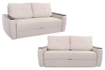 Set of luxury leather sofas on white isolated background. Upholstered furniture for the living room and office. Modern sofas.